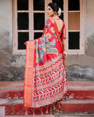 Vibrant Red Tussar Silk Saree with Bold Floral Motifs and Chevron Patterned Pallu DIGITAL PRINT