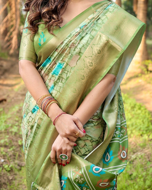 Elegant Light Green Tussar Silk Saree with Zari Motif Border and Contemporary Checkered Pallu Design DIGITAL PRINT