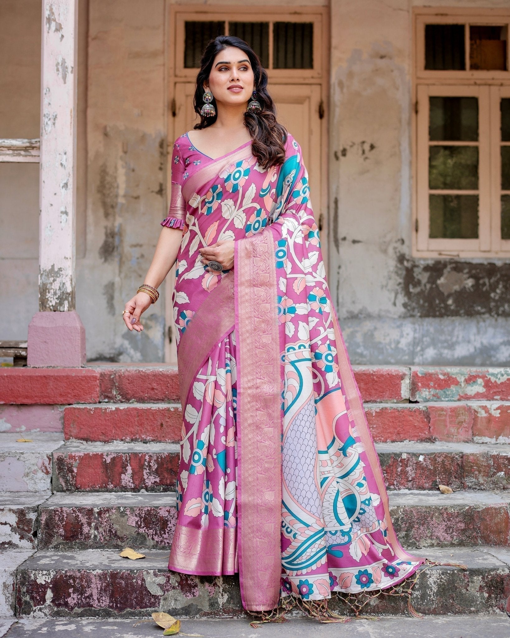 Blush Pink Tussar Silk Saree with Elegant Peacock and Floral Kalamkari Design DIGITAL PRINT Main image