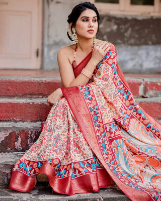 Beige and Coral Tussar Silk Saree with Intricate Floral Prints and Artistic Pallu DIGITAL PRINT
