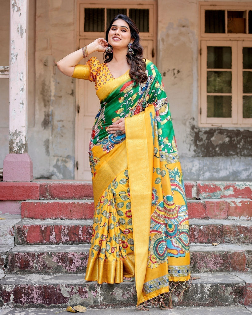 Golden Yellow Tussar Silk Saree with Vibrant Peacock Kalamkari Motifs DIGITAL PRINT