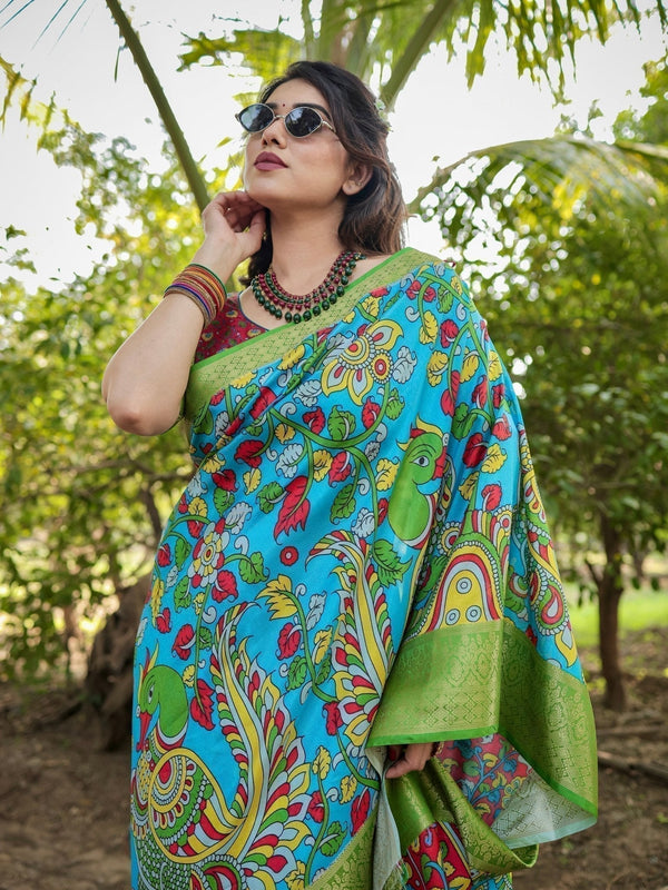 Vibrant Peacock Motif Blue and Green Tussar Silk Saree with Zari Border DIGITAL PRINT