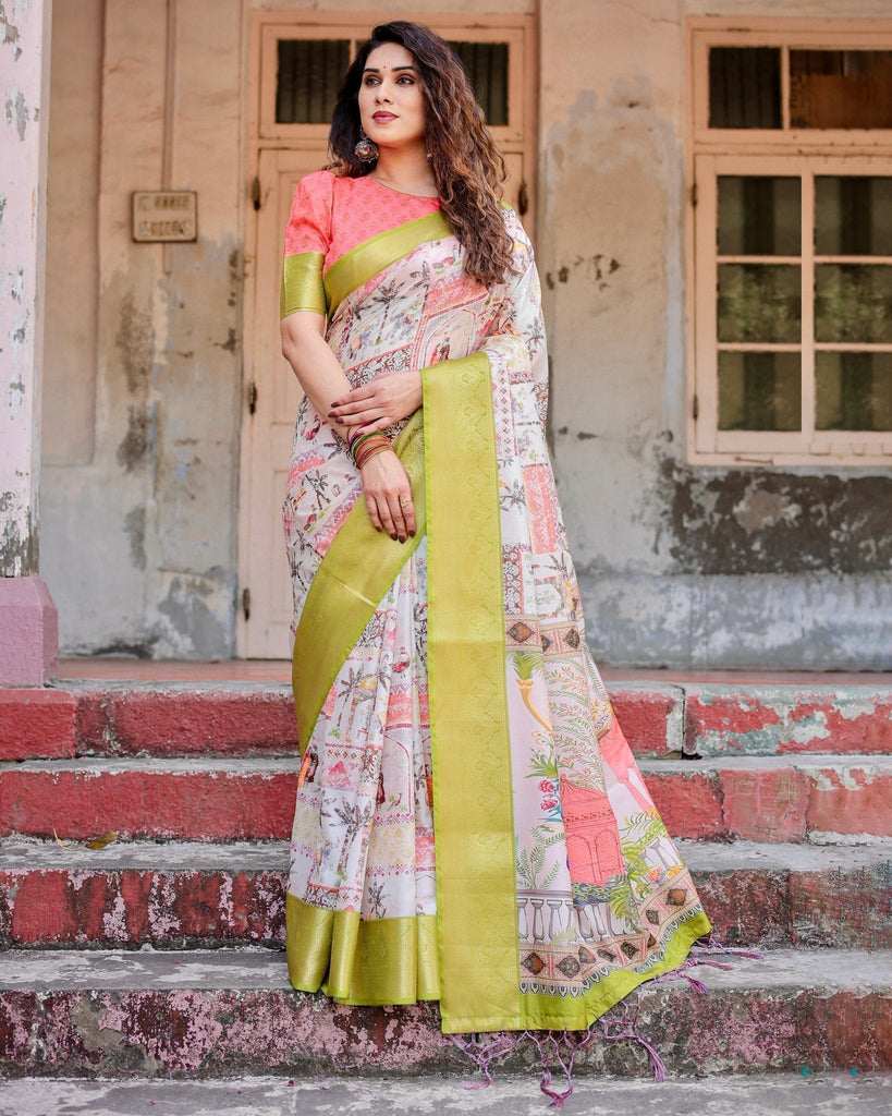Pastel Tussar Silk Saree with Lime Green Zari Border and Hand-Painted Heritage Designs DIGITAL PRINT