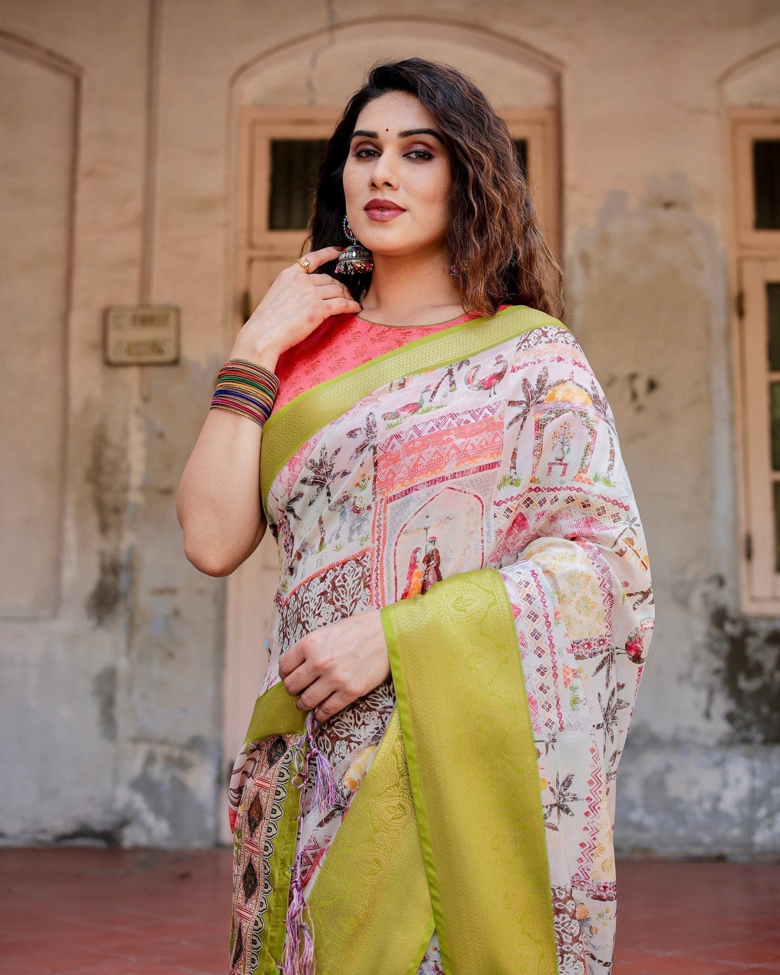 Pastel Tussar Silk Saree with Lime Green Zari Border and Hand-Painted Heritage Designs DIGITAL PRINT