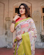 Load image into Gallery viewer, Pastel Tussar Silk Saree with Lime Green Zari Border and Hand-Painted Heritage Designs DIGITAL PRINT