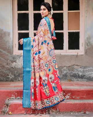 Beige and Red Tussar Silk Saree with Divine Motifs and Floral Zari Border DIGITAL PRINT