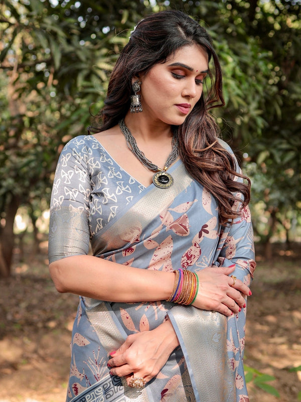 Stylish Sky Blue Tussar Silk Saree with Beige and Gold Zari Work and Contemporary Pallu Design DIGITAL PRINT