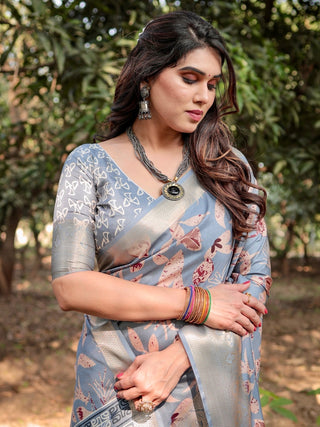 Stylish Sky Blue Tussar Silk Saree with Beige and Gold Zari Work and Contemporary Pallu Design DIGITAL PRINT