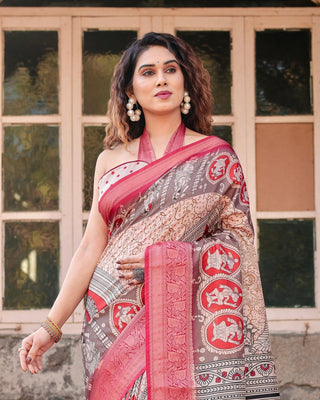 Beige and Red Tussar Silk Saree with Traditional Motifs and Ornamental Zari Border DIGITAL PRINT