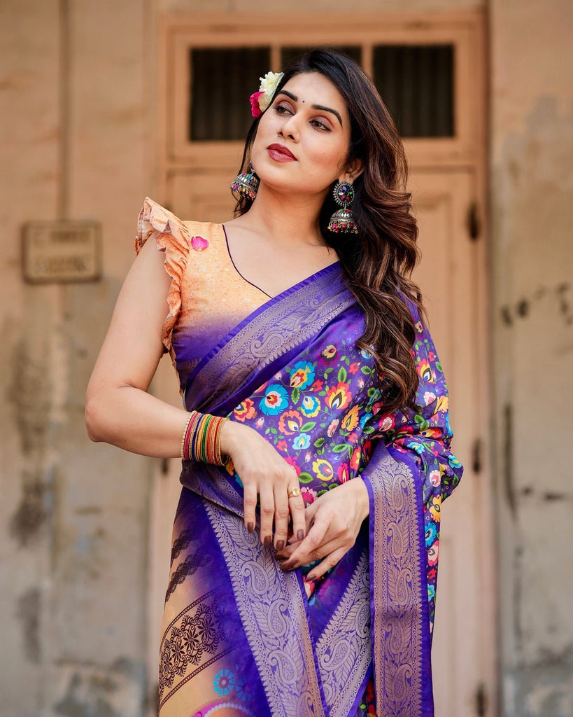 Royal Purple Tussar Silk Saree with Vibrant Floral Print and Peacock Motif Pallu DIGITAL PRINT