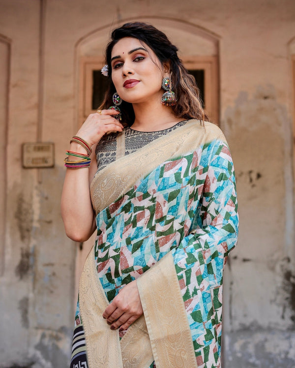 Contemporary Abstract Print Saree with Gold Border and Monochrome Patterned Pallu DIGITAL PRINT