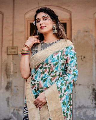 Contemporary Abstract Print Saree with Gold Border and Monochrome Patterned Pallu DIGITAL PRINT
