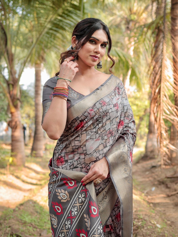 Stunning Grey Tussar Silk Saree with Golden Zari Border and Mosaic-Inspired Pallu Design DIGITAL PRINT