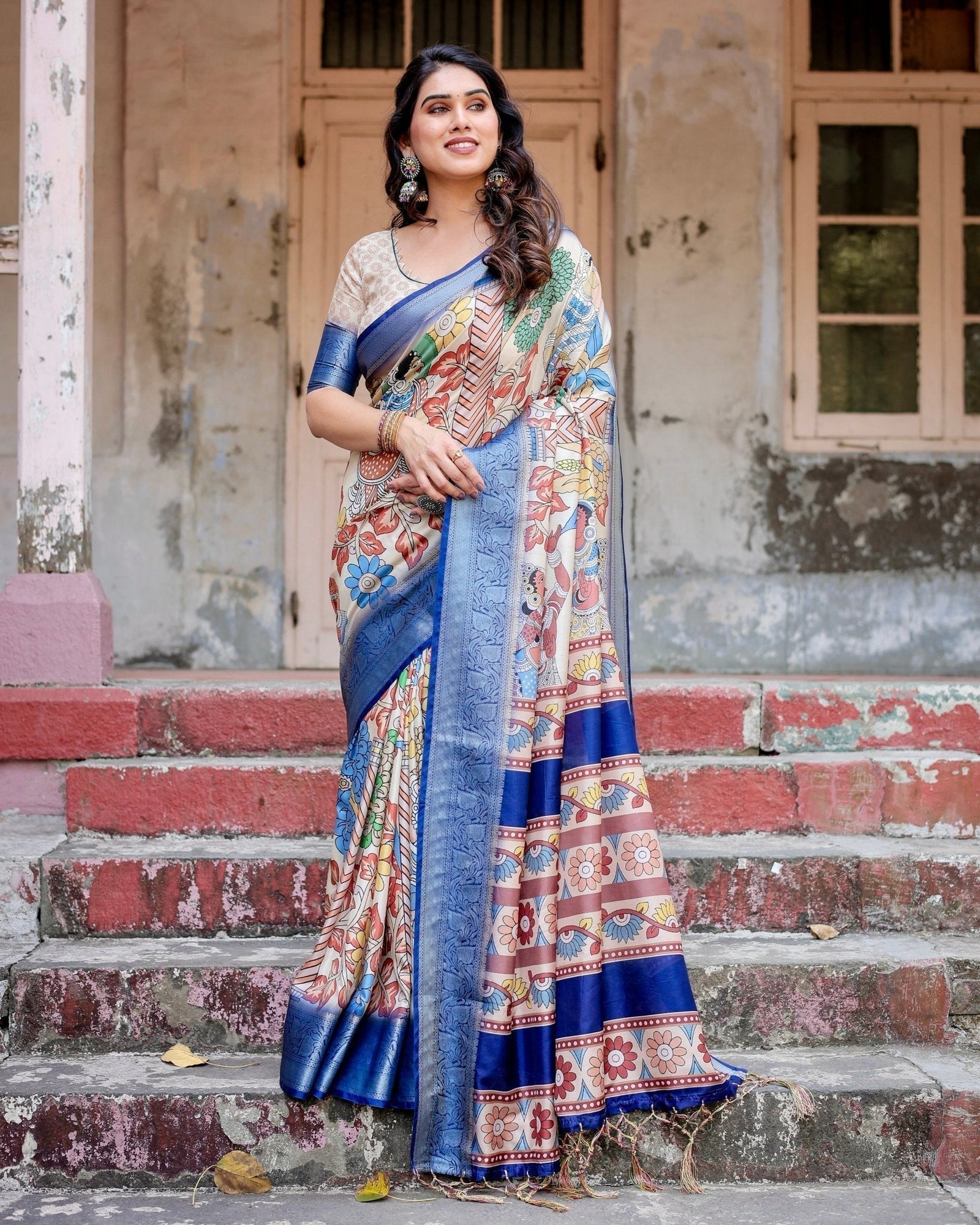 Multicolor Tussar Silk Saree with Artistic Floral Motifs and Traditional Blue Zari Border DIGITAL PRINT