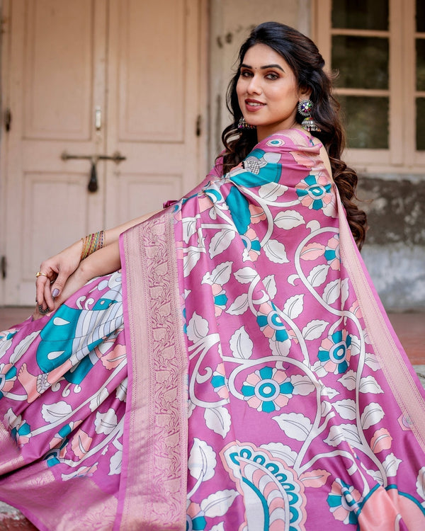 Blush Pink Tussar Silk Saree with Elegant Peacock and Floral Kalamkari Design DIGITAL PRINT