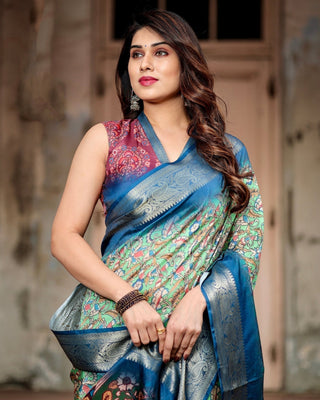 Majestic Blue and Green Digital Print Saree with Intricate Floral Motifs and Contrasting Pallu DIGITAL PRINT
