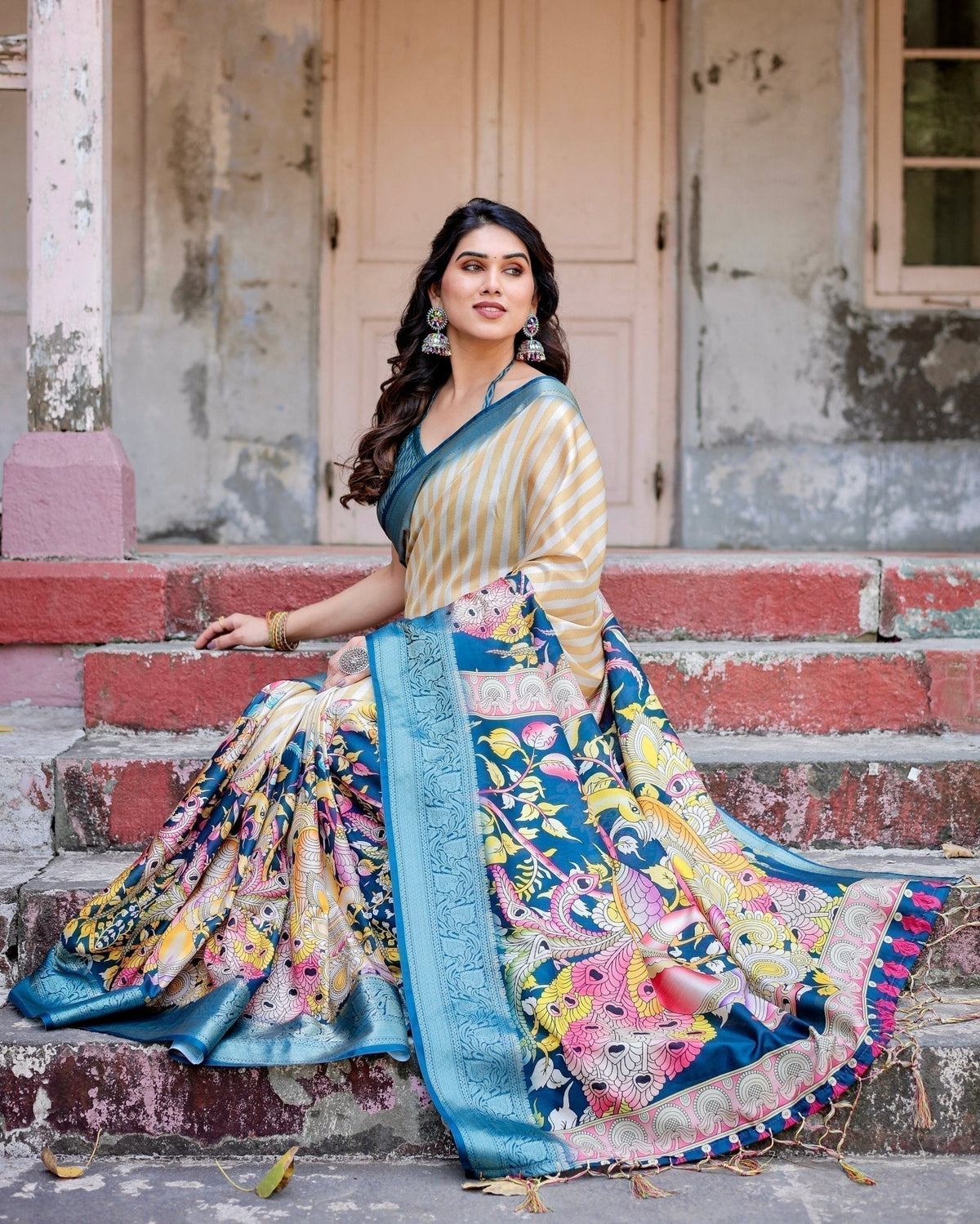 Beige & Teal Tussar Silk Saree with Intricate Kalamkari and Zari Border DIGITAL PRINT Main image