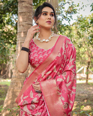 Vibrant Pink Tussar Silk Saree with Intricate Zari Border and Modern Floral Pallu DIGITAL PRINT