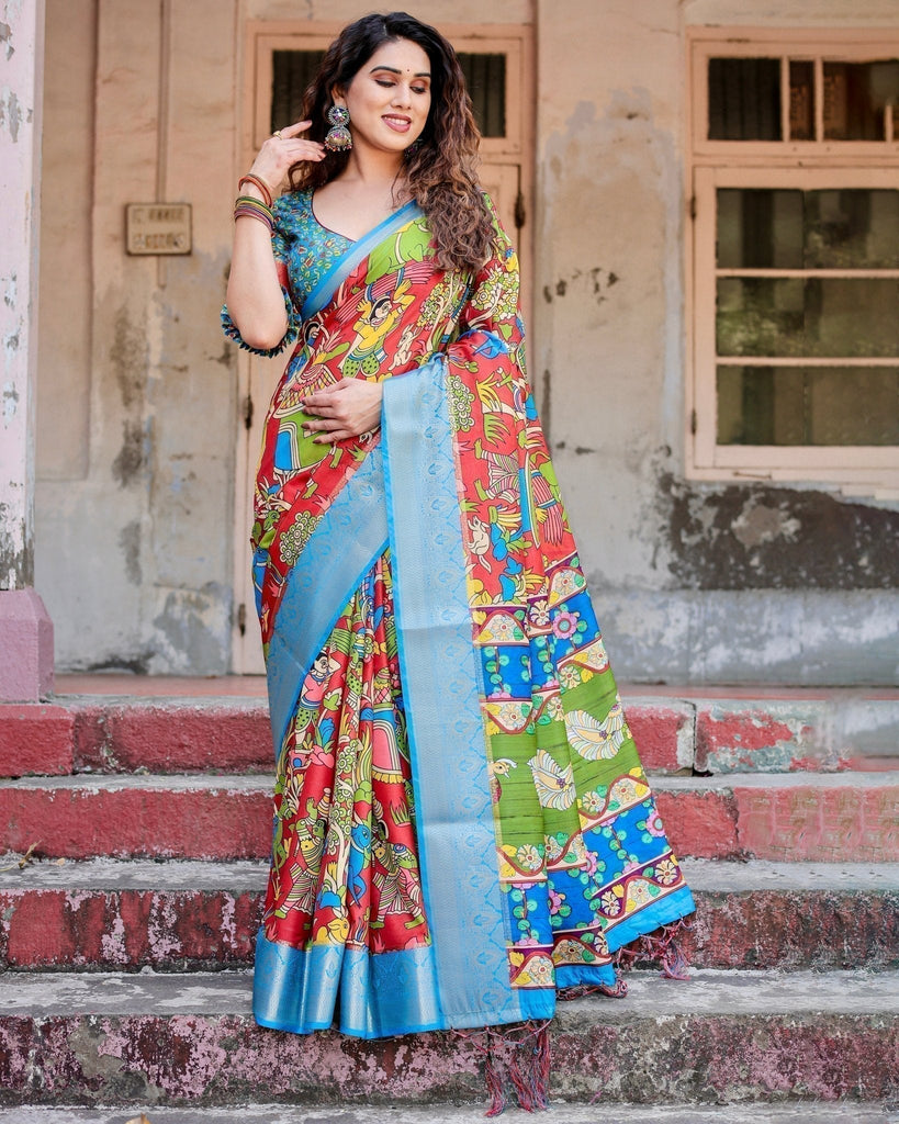Multicolor Folk Art Inspired Digital Print Tussar Silk Saree with Sky Blue Zari Border DIGITAL PRINT