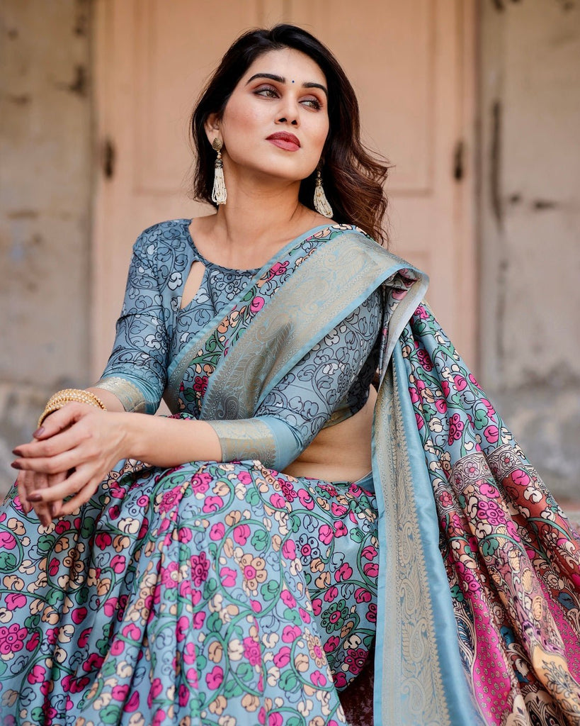 Sky Blue Tussar Silk Saree with Floral Weaves and Ornamental Pallu Design DIGITAL PRINT