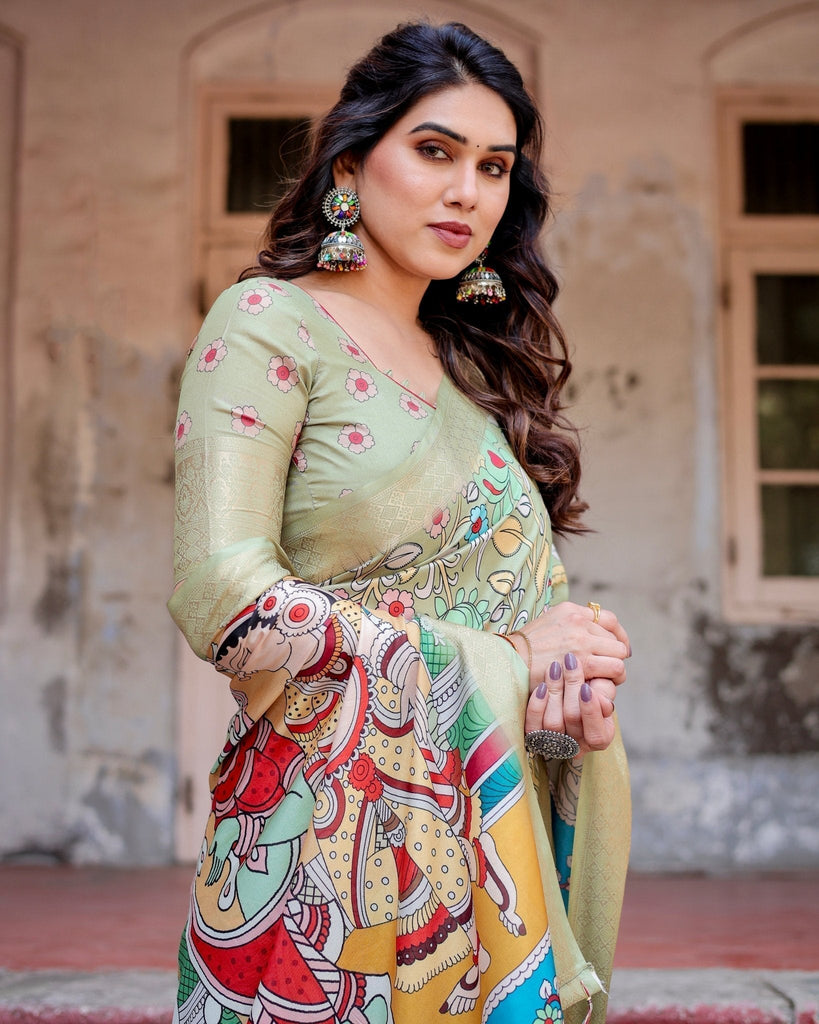 Pastel Green Tussar Silk Saree with Mythological Kalamkari Pallu and Zari Border DIGITAL PRINT