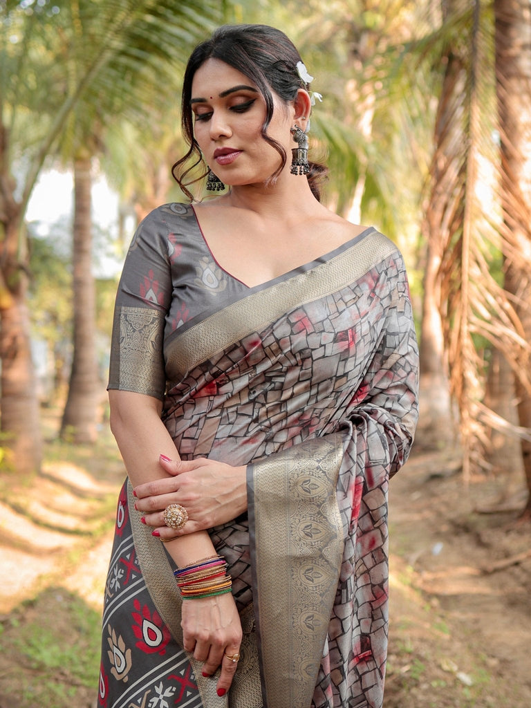 Stunning Grey Tussar Silk Saree with Golden Zari Border and Mosaic-Inspired Pallu Design DIGITAL PRINT