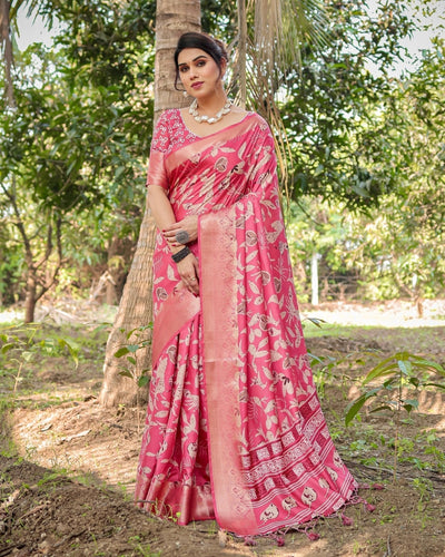 Vibrant Pink Tussar Silk Saree with Intricate Zari Border and Modern Floral Pallu DIGITAL PRINT