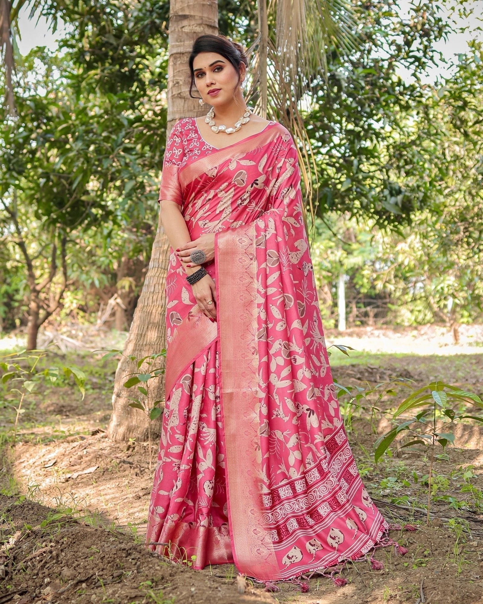 Vibrant Pink Tussar Silk Saree with Intricate Zari Border and Modern Floral Pallu DIGITAL PRINT