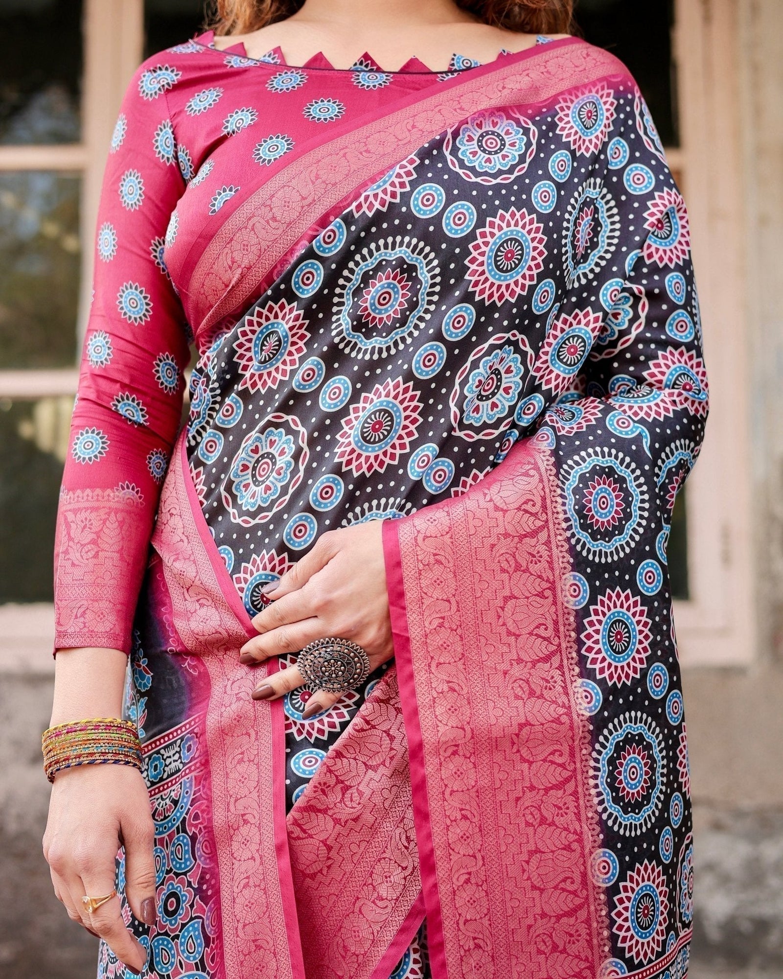 Black and Coral Tussar Silk Saree with Intricate Circular Motifs and Ornamental Pallu DIGITAL PRINT