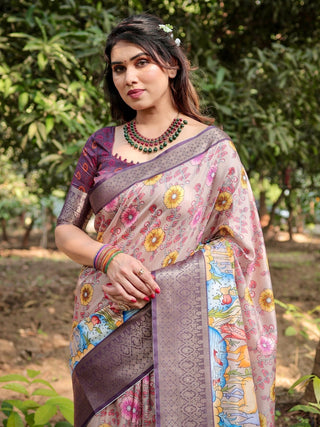 Pastel Beige Tussar Silk Saree with Vibrant Floral Motifs and Zari Border DIGITAL PRINT