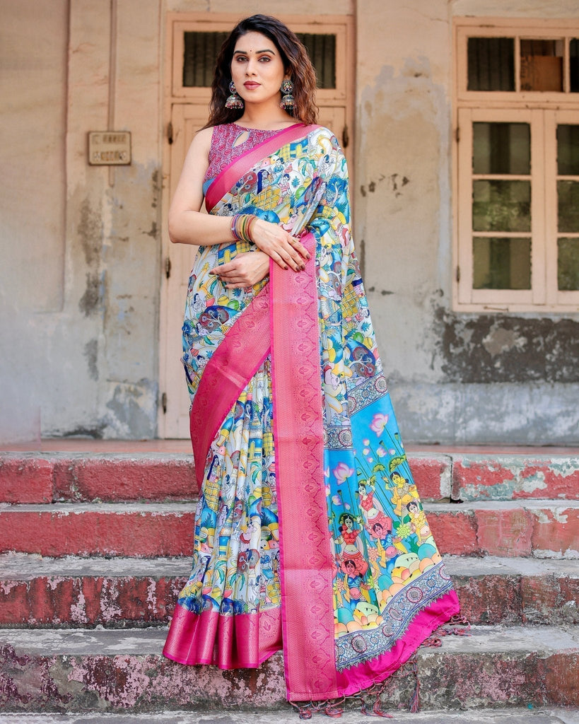 Vibrant Multicolor Digital Printed Tussar Silk Saree with Pink Zari Border DIGITAL PRINT