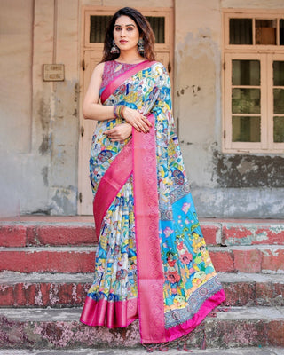 Vibrant Multicolor Digital Printed Tussar Silk Saree with Pink Zari Border DIGITAL PRINT