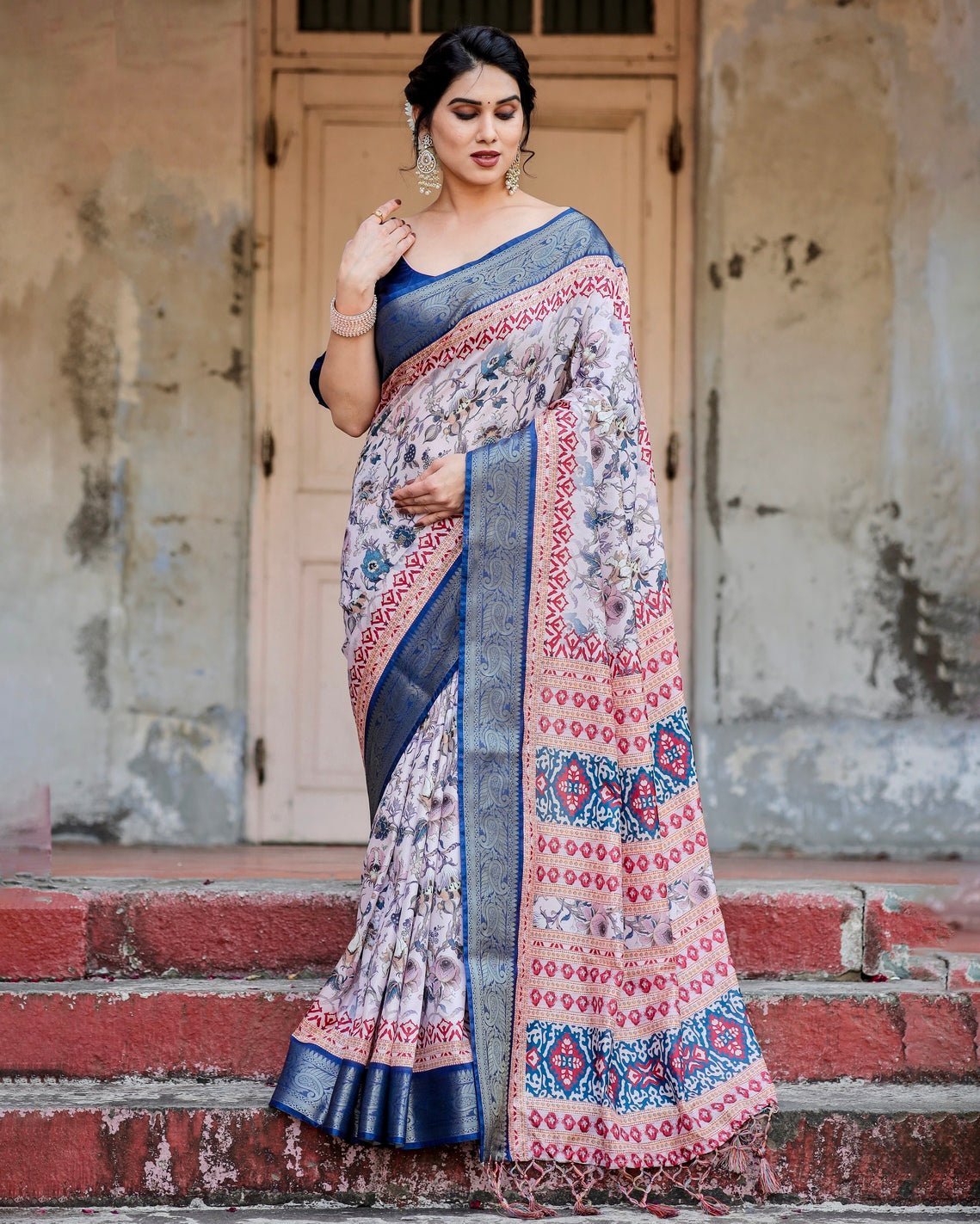 Ivory and Navy Blue Tussar Silk Saree with Floral Elegance and Ornamental Zari Work DIGITAL PRINT Main image