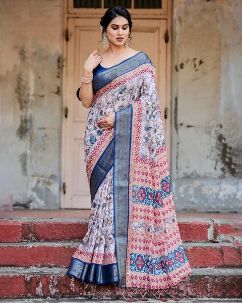Ivory and Navy Blue Tussar Silk Saree with Floral Elegance and Ornamental Zari Work DIGITAL PRINT Main image