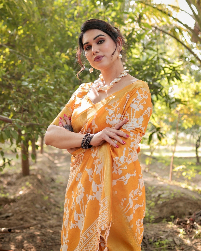 Sunshine Yellow Tussar Silk Saree with White Floral Motifs, Lustrous Zari Border, and Graceful Tassel Pallu DIGITAL PRINT