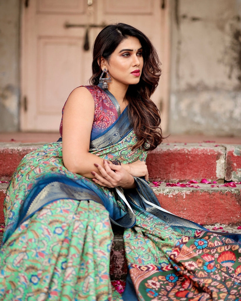 Majestic Blue and Green Digital Print Saree with Intricate Floral Motifs and Contrasting Pallu DIGITAL PRINT