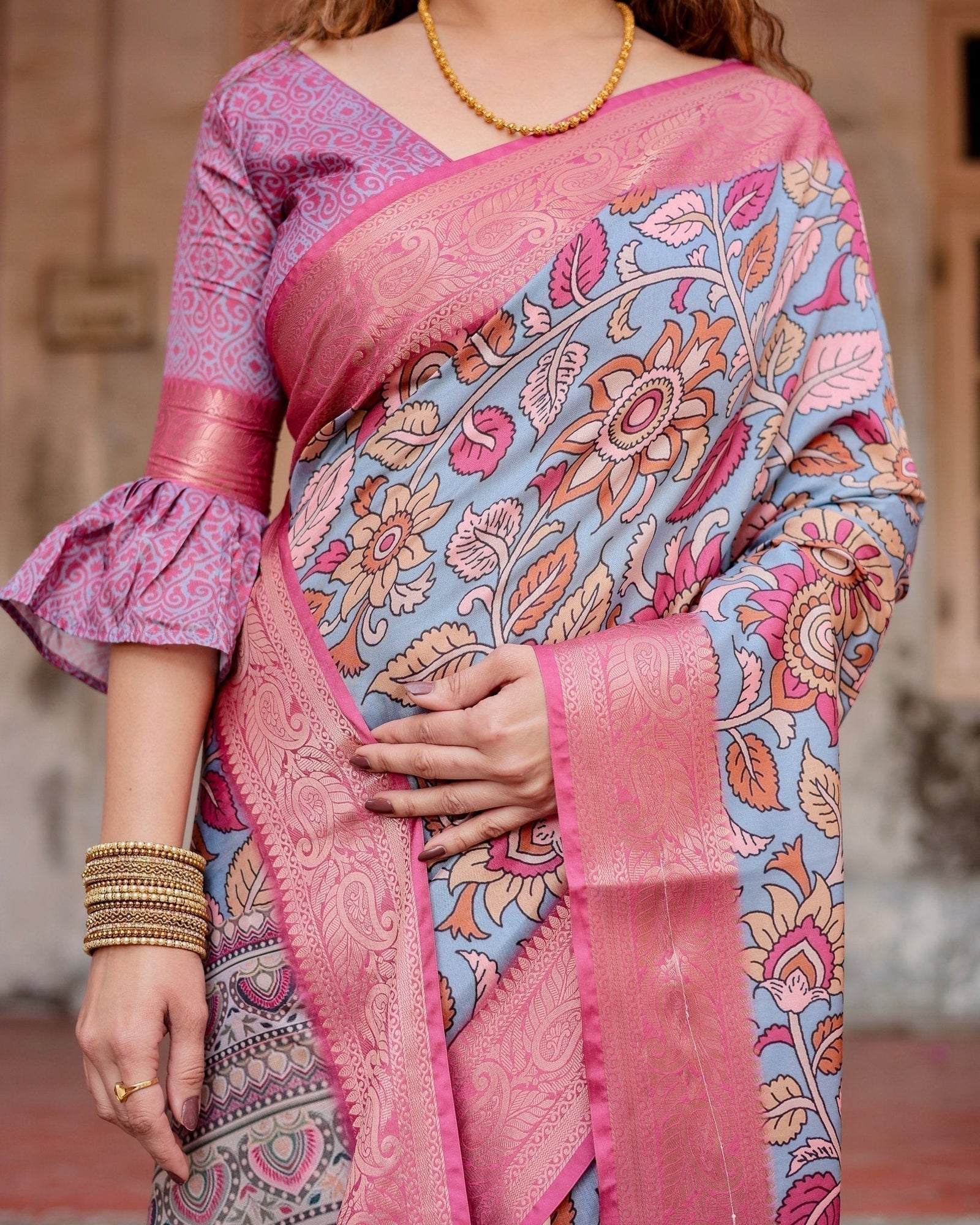 Graceful Grey Tussar Silk Saree with Pink Zari Border and Intricate Floral Motifs DIGITAL PRINT