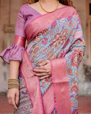 Graceful Grey Tussar Silk Saree with Pink Zari Border and Intricate Floral Motifs DIGITAL PRINT