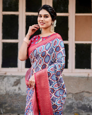 White and Red Tussar Silk Saree with Vibrant Floral Geometric Motifs and Ornamental Zari Border DIGITAL PRINT
