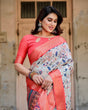 Load image into Gallery viewer, Ivory Tussar Silk Saree with Coral Zari Border and Intricate Floral Motifs DIGITAL PRINT