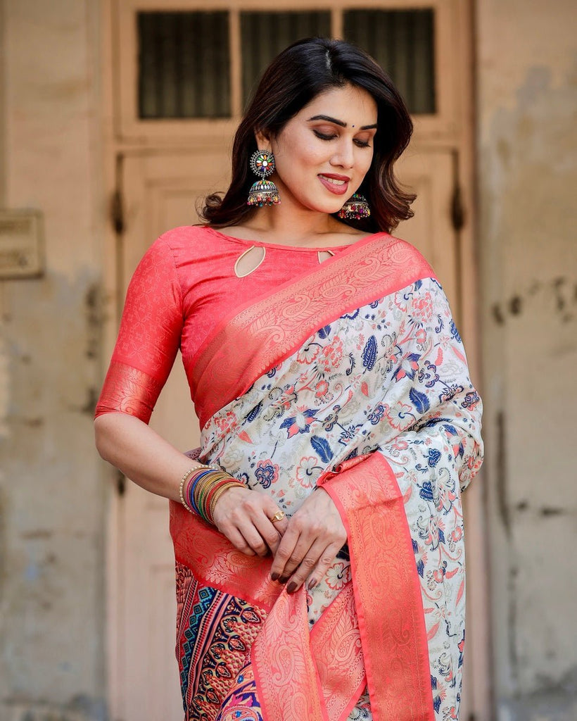 Ivory Tussar Silk Saree with Coral Zari Border and Intricate Floral Motifs DIGITAL PRINT