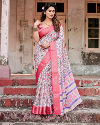 Blush Pink Tussar Silk Saree with Multicolor Floral Design and Zari Paisley Border DIGITAL PRINT