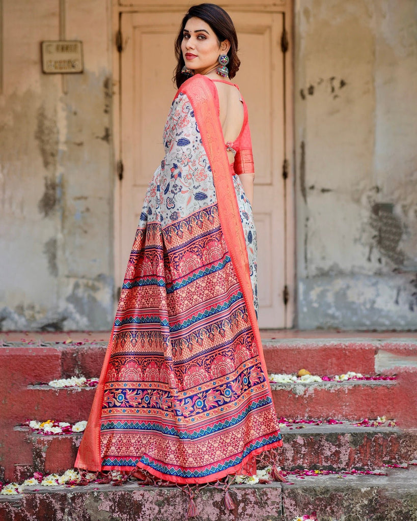 Ivory Tussar Silk Saree with Coral Zari Border and Intricate Floral Motifs DIGITAL PRINT