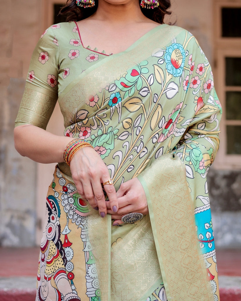 Pastel Green Tussar Silk Saree with Mythological Kalamkari Pallu and Zari Border DIGITAL PRINT