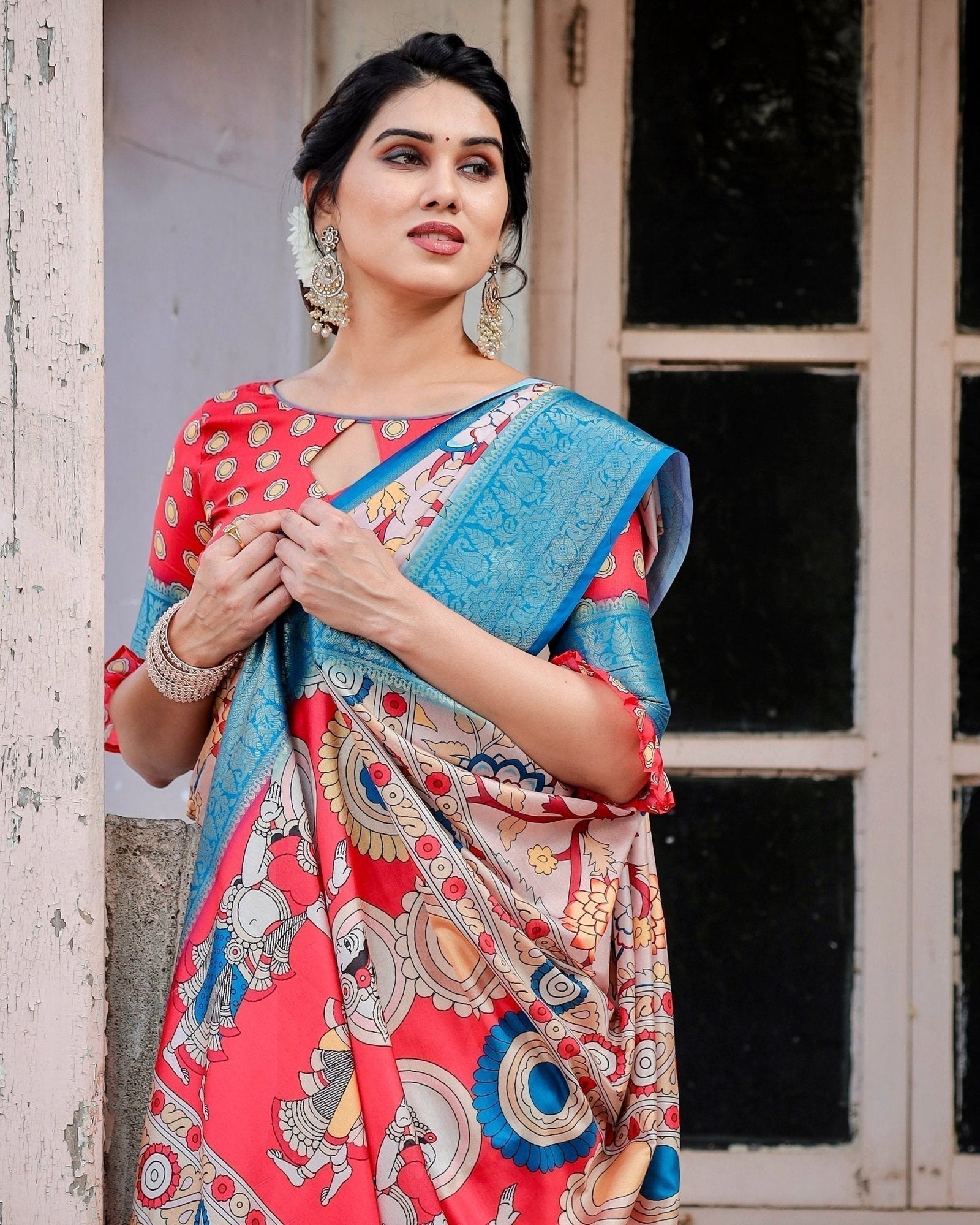 Beige and Red Tussar Silk Saree with Divine Motifs and Floral Zari Border DIGITAL PRINT