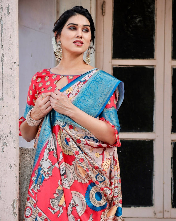 Beige and Red Tussar Silk Saree with Divine Motifs and Floral Zari Border DIGITAL PRINT