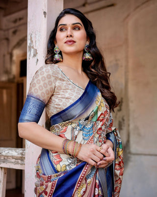 Multicolor Tussar Silk Saree with Artistic Floral Motifs and Traditional Blue Zari Border DIGITAL PRINT