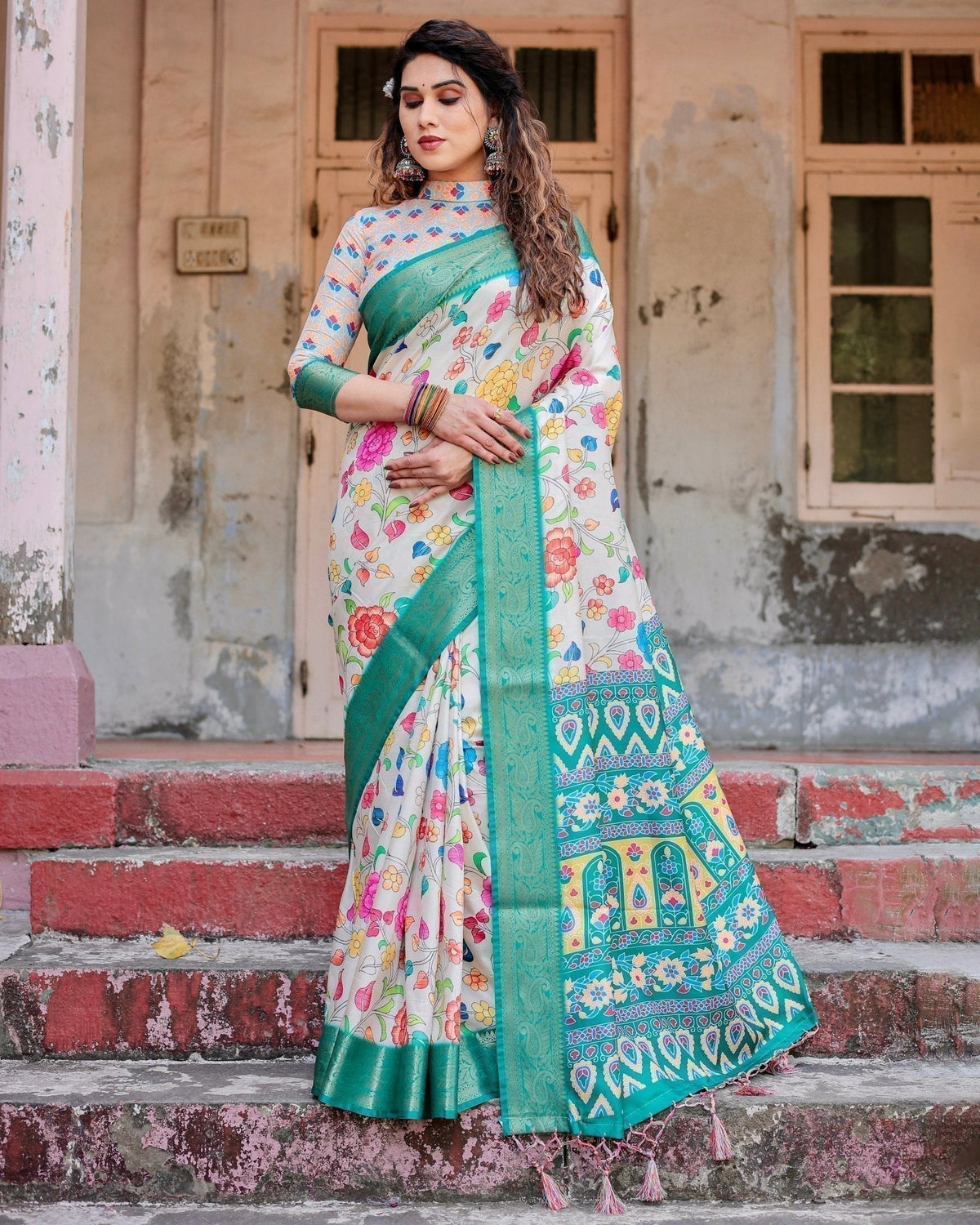 Elegant Multicolor Floral Digital Print Saree with Ornate Green Border and Artistic Pallu DIGITAL PRINT Main image