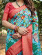 Load image into Gallery viewer, Aqua Blue Tussar Silk Saree with Vibrant Nature-Inspired Prints and Red Zari Border DIGITAL PRINT