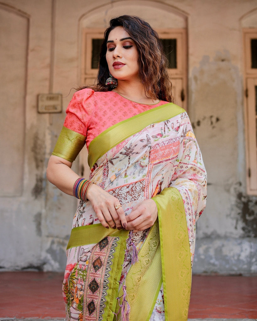 Pastel Tussar Silk Saree with Lime Green Zari Border and Hand-Painted Heritage Designs DIGITAL PRINT